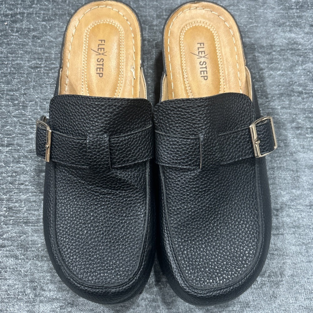 Flex Step Rayna Womens 10M Black Mule Clogs Slip On Comfort Shoes Buckle Detail